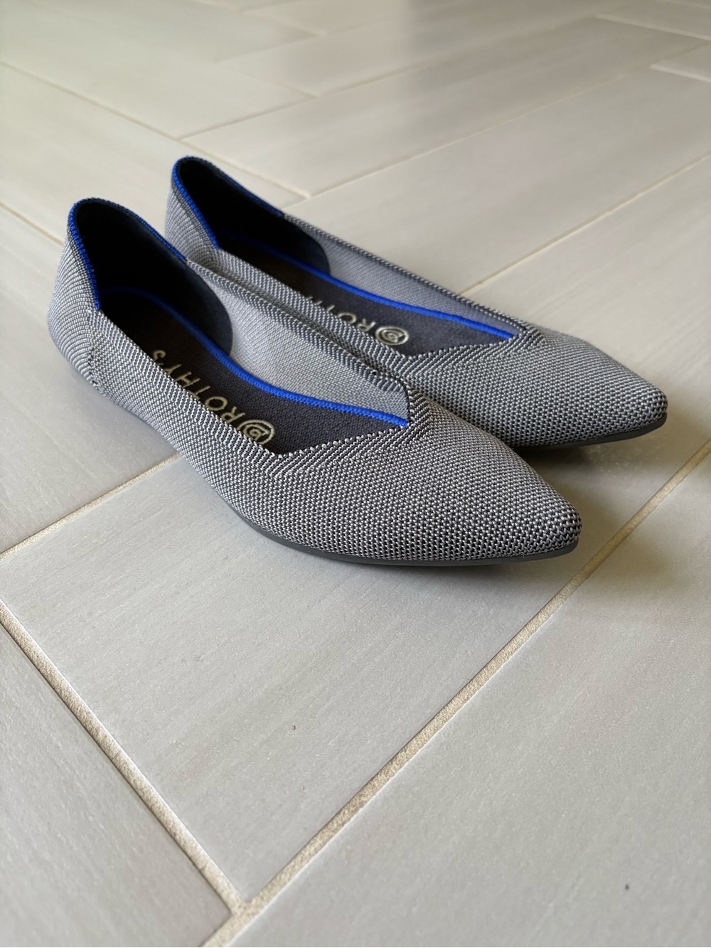 Rothy’s The Point Flats | Cloud Gray Birdseye with Cobalt Blue Trim